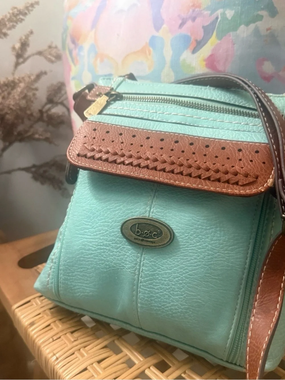 b.o.c. Mint Green Crossbody with Brown Trim and Adjustable Strap